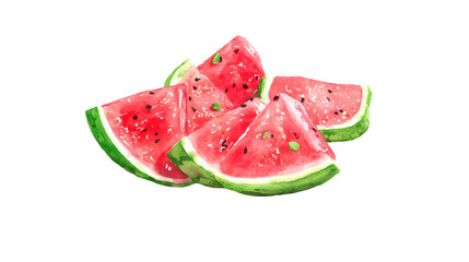 Watercolor painting of three watermelon slices on a white plate background.