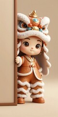 Obraz premium Cute lion dance mascot peeking from door, festive orange attire, big eyes, fluffy mane, cheerful holiday vibe.