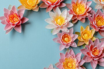 Lotus flowers on light blue, pink, orange, and yellow hues. Fresh bloom