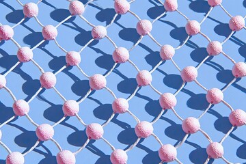 Knotted string with pink spheres casts shadows on bright blue surface