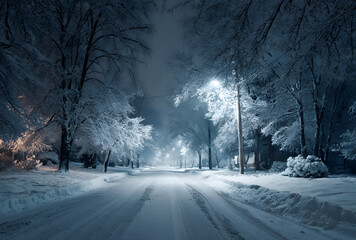 Quiet snow covered street at night illuminated by street lights in peaceful winter landscape
