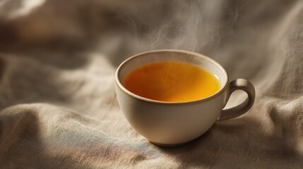 Fototapeta premium Overhead still life showing a ceramic teacup filled with golden tea centered on textured linen. Steam rises in faint