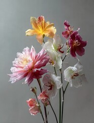 Colorful flowers bloom against a gray backdrop in soft lighting