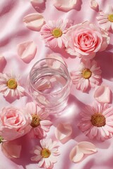 Glass of water amid pink flowers & petals on smooth, shimmering pink fabric