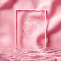 Heart outline in frame over water, pink satin background, dreamy romance