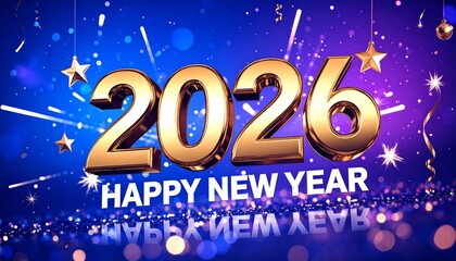 Golden 2026 with “Happy New Year” on blue background with fireworks and sparkles.