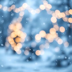 Obraz premium Magical winter background with warm golden bokeh lights and falling snow on a soft blue blurred backdrop.