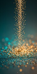 Golden lights cascade down teal glitter, creating magical bokeh sparkles in a dreamy, festive atmosphere.