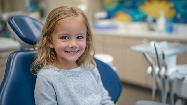 Smiling little girl sitting in a colorful pediatric dental chair, bright healthy teeth shining, playful wall decorations in the background, dental tools softly blurred, cheerful at