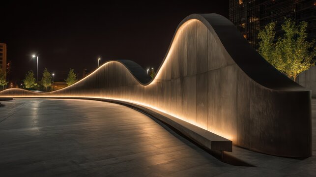Satin-finished concrete wave wall bordering a modern plaza night scene with internal wall uplights casting glow lines along