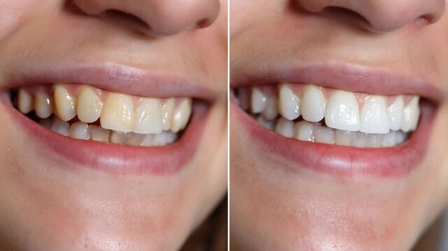 Split portrait of a cheerful patient, before section with slight discoloration, after section glowing with polished whiteness, smooth gradients and controlled shadows emphasizing c