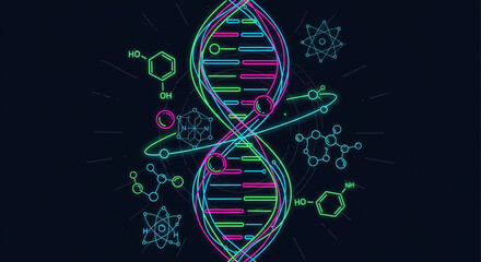 Illuminated dna double helix with molecular structures