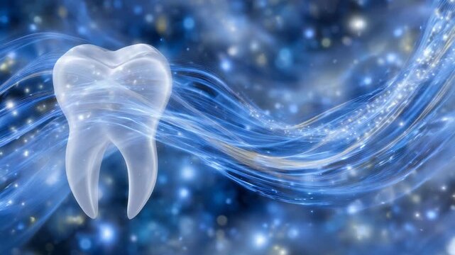 Stylized tooth icon with swirling bright light curves forming a luminous vortex, silky smooth enamel surface, cool-blue background infused with subtle sparkle effects