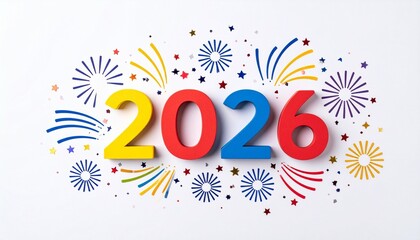 Obraz premium Colorful 2026 with fireworks and confetti on festive dark background.