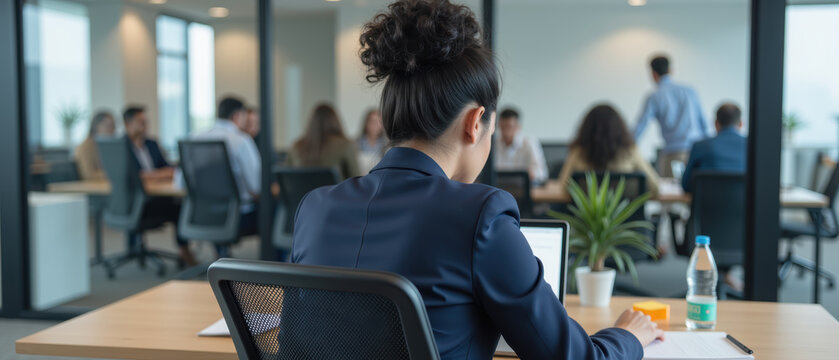 Professional woman office environment business meeting teamwork modern workspace focused technology corporate setting collaboration productivity - Powered by Adobe