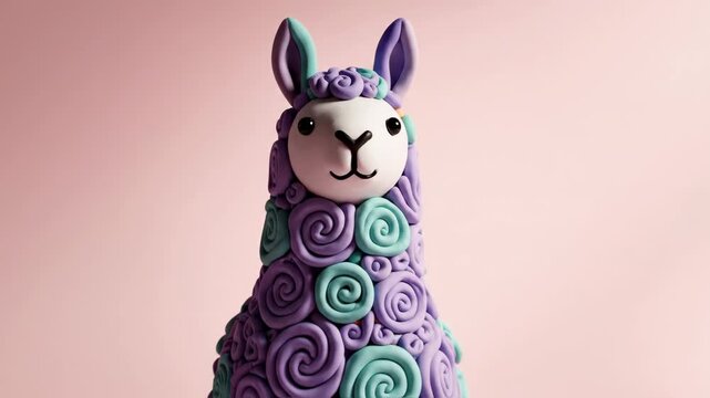 Cute Clay Llama Figurine with Swirls on Pink Background.