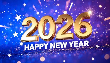 Golden 2026 with “Happy New Year” on blue background with fireworks and sparkles.