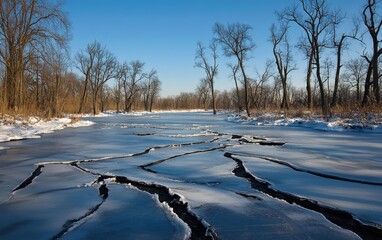 A photograph of a frozen lake with ice cracks and snow-covered trees in the background, a winter landscape with a blue sky, a beautiful nature scene, a beautiful landscape, a wallpaper-worthy