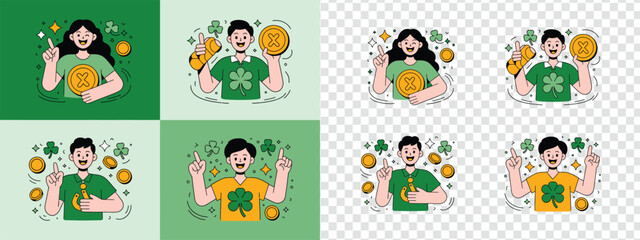 Obraz premium Smiling people hold golden coins and clovers symbolizing wealth luck and prosperity