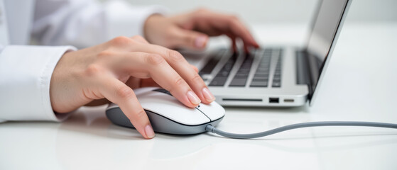 Efficient workspace with hands using computer mouse and laptop, showcasing productivity and technology in modern office environment