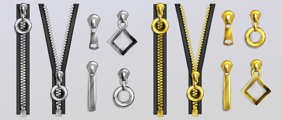 Collection of metallic zippers with different puller shapes for fashion vector © Buddhadeb