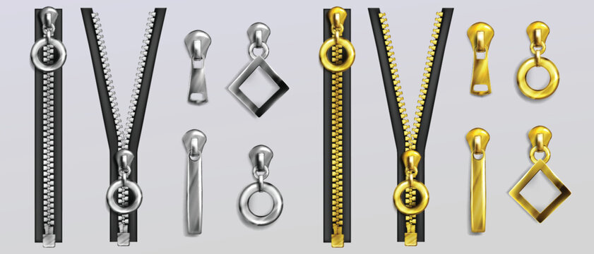Collection of metallic zippers with different puller shapes for fashion vector