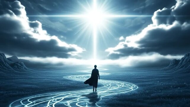 Spiritual figure walking glowing path toward heavenly enlightenment