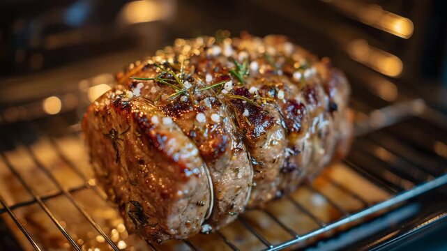Top-down view of tied beef roast on oven rack, seasoned with salt and pepper, glistening fat and deep brown tones, rustic kitchen background softly blurred