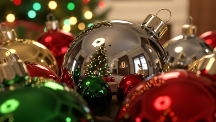 A vibrant christmas animated scene featuring ornaments, baubles, and decorations in a festive holiday setting