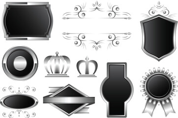 Elegant silver shield and crown icons for royal branding vector