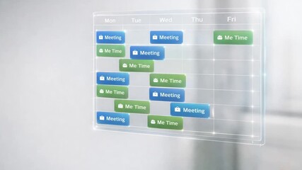 Work life balance productivity routine concept. Hand pointing at a weekly schedule with meetings and personal time.