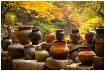 Traditional ceramic jars lined outdoors with autumn foliage creating warm cultural still life scene