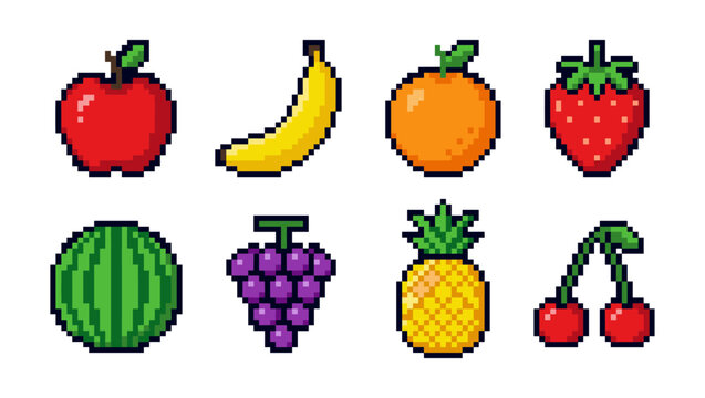 Pixel art fruit icons set on white background