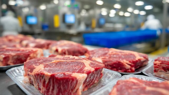 Wide-angle shot of packaged beef steaks on stainless steel table, bright industrial lighting, neat rows emphasizing order, sterile and professional food plant environment