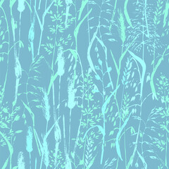 Hand drawnwild plant seamless pattern in green color. Meadow ear grass, timothy, oat, wheat ears, fowl, foxtail, couch-grass. Decorative background for organic eco product