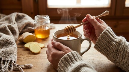 Cozy Winter Scene Steaming Cup of Ginger Tea with Honey and Ginger Slices.
