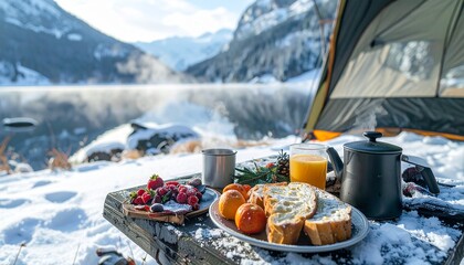 Fresh breakfast spread on a wooden table beside a lake during winter camping at a mountain location