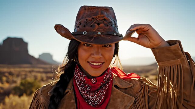 Smiling Woman Adjusting Cowboy Hat in Western Landscape