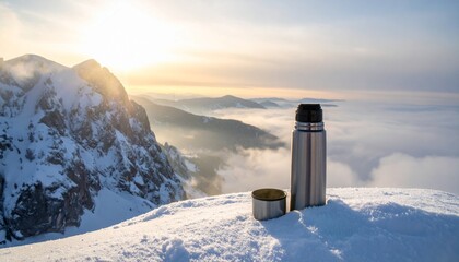 Fototapeta premium Warm drink sits on snow-covered mountain as sun rises over distant peaks and fog