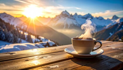 Warm cup of coffee on a wooden table with mountains and sunrise in the background