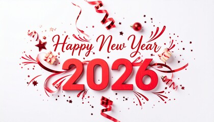 Red 2026 New Year greeting with party poppers