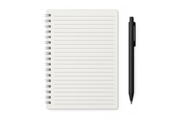 Spiral notebook with lined blank paper and black pen, transparent background, top view for writing concepts