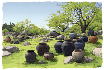 Traditional korean earthenware jars arranged outdoors in a spring garden with blooming trees