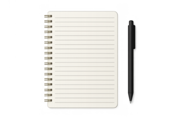 Blank spiral notebook with lined pages and a black pen showing space for writing, studying, or planning
