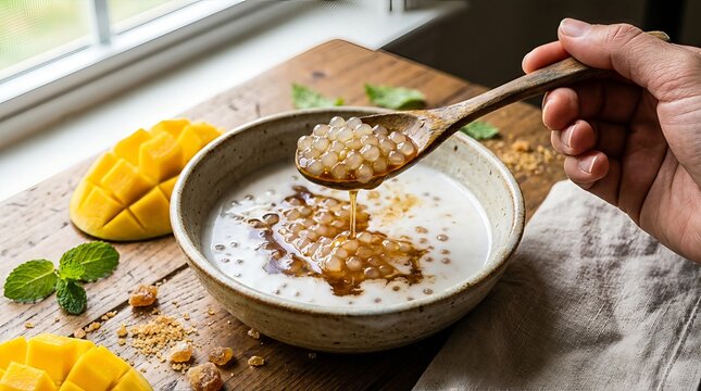 Creamy Tapioca Pudding with Fresh Mango Slices and Coconut Milk Served in a Rustic Bowl.