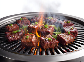 Grilled beef steak cooking on barbecue grill with flames and herbs in outdoor cooking scene