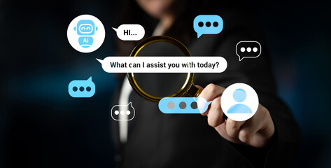 A business professional uses a magnifying glass to engage in virtual communication with an AI chat...