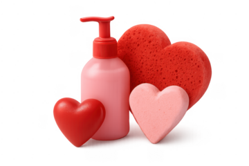 Pink soap dispenser, heart sponge, and bath accessories