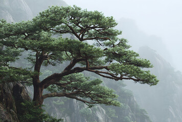 Ancient pine tree growing on misty mountain cliff creating serene and timeless nature landscape