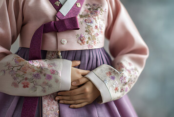 Close up of traditional korean hanbok details with embroidered fabric and elegant pastel colors